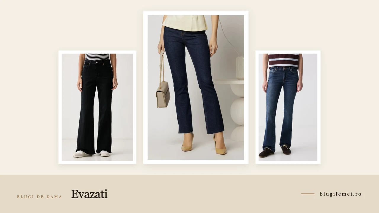 Trei perechi de blugi evazati dama: wide leg negri, bootcut bleumarin si flare clasic albastru